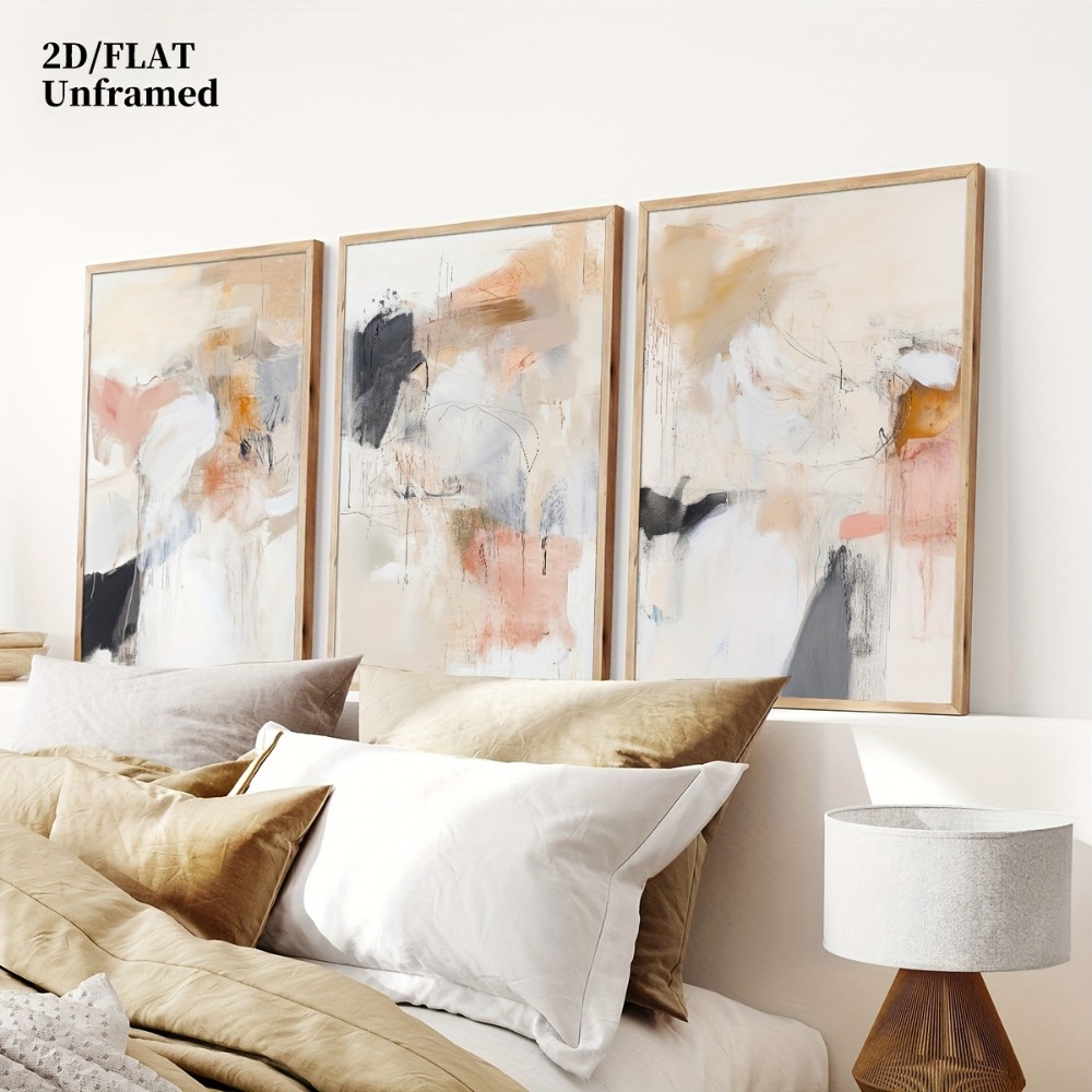 Abstract Canvas Set - 3-teiliges rahmenloses, neutrales Beige-Rosa abstraktes Linien-Wanddekor-Gemälde,