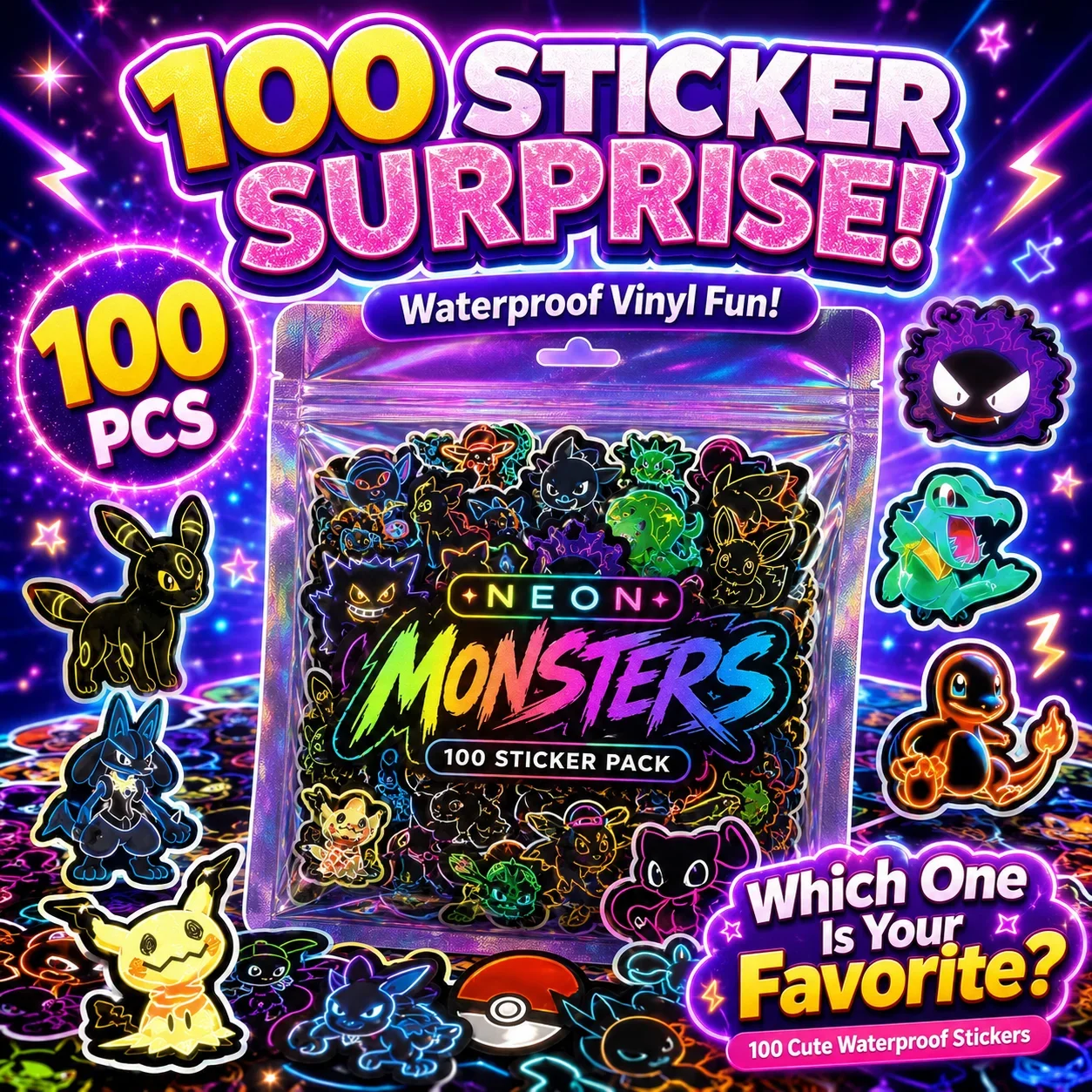 Wall Sticker - 100 Stück Neon Pokémon Aufkleber, wasserfeste